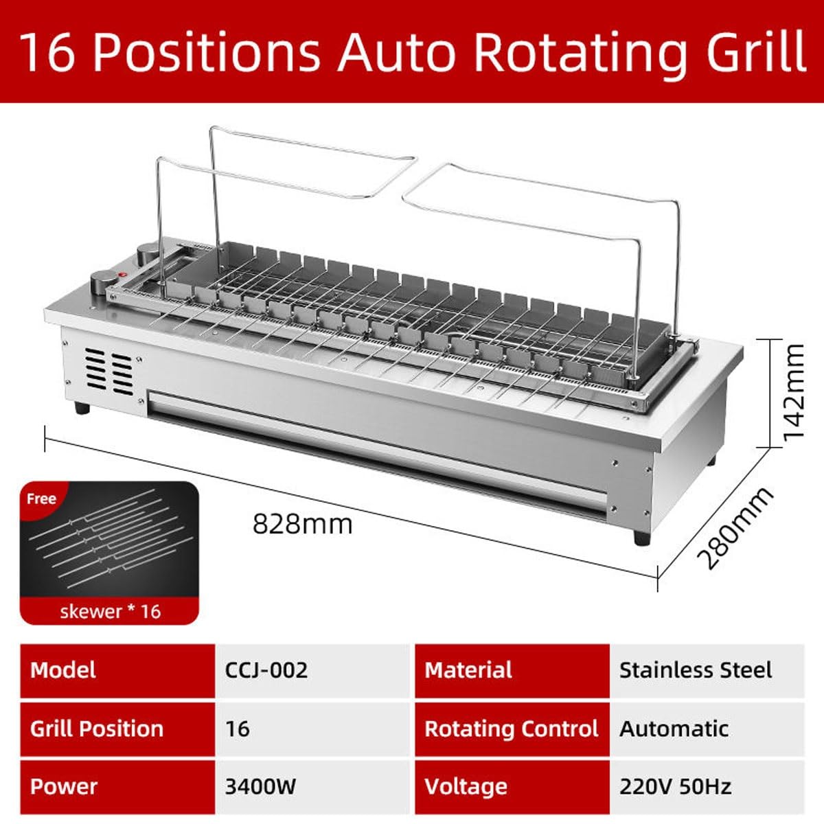 360 ° automatyczny elektryczny grill rotisserie, bezdymna komercyjna maszyna do smażenia z 16 szaszłymi, przenośna palarnia z kebabem na krytym zewnątrz