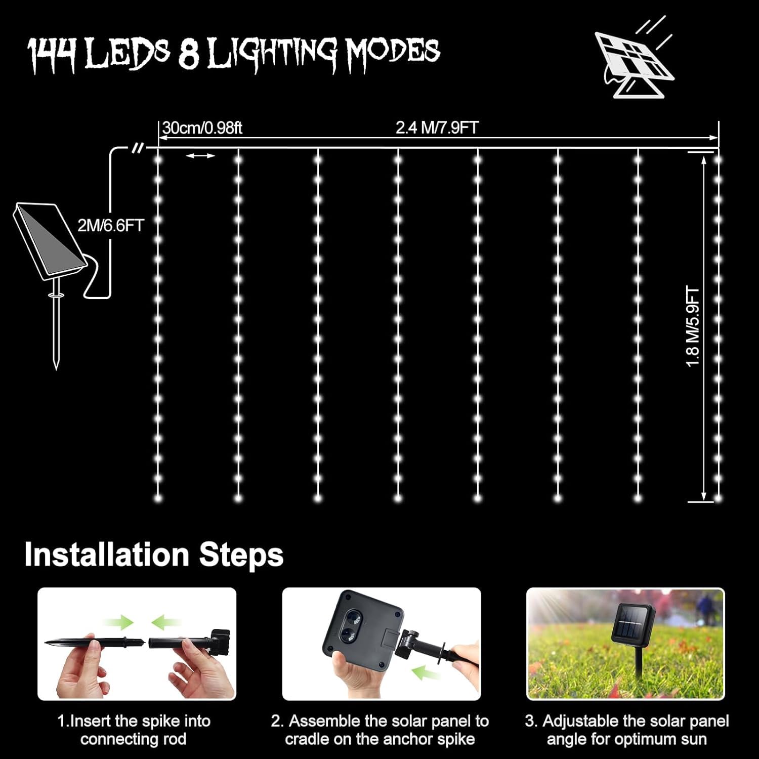 DBFAIRY Solar Curtain Lights Outdoor 2.4M x 1.8M 144 LED Curtain Lights Waterproof with Timer 8 Modes for Garden Patio Fence Gazebo Decor (Cool White) - Image 2