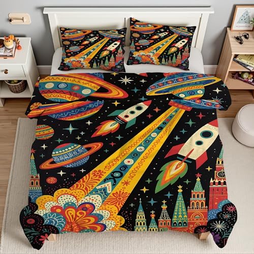 惑星羽毛布団 3Dアニメのロケット掛け布団 ド ソフト 冬 キルト オールシーズン被子ソフトふわふわマイクロファイバーウォッャブル 掛け布団暖かい ふわふわ 暖かい羽毛布団軽量 通気 羽根布団170x210cm + 2枚枕カバー・43X63cmTI4011