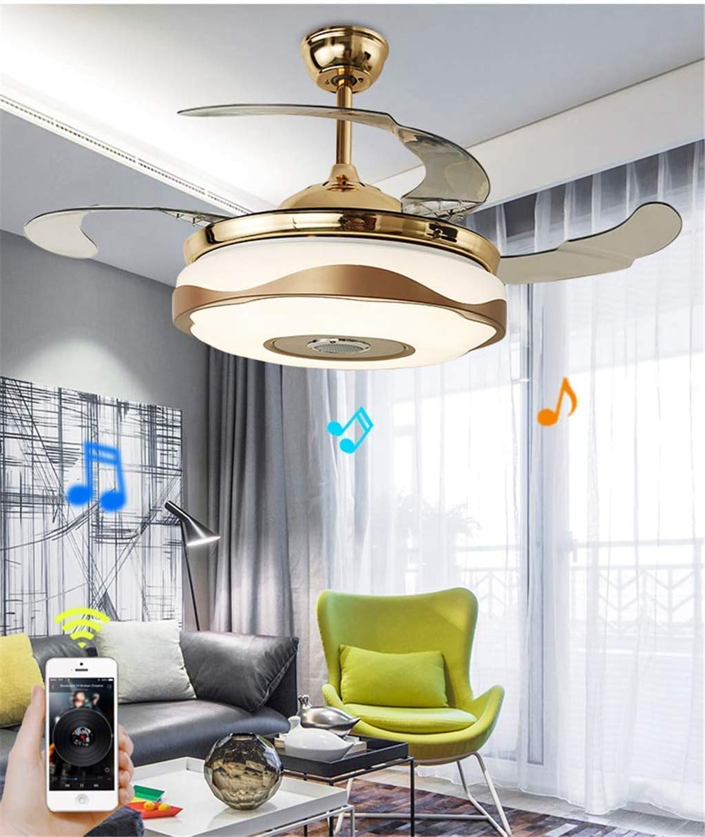 36” Modern Smart Bluetooth Ceiling Fans with Lights and Remote Control, Retractable Chandelier Fan Lighting with Speaker Play Music 7 Colorful Dimmable Fixture for Bedroom/Living/Room