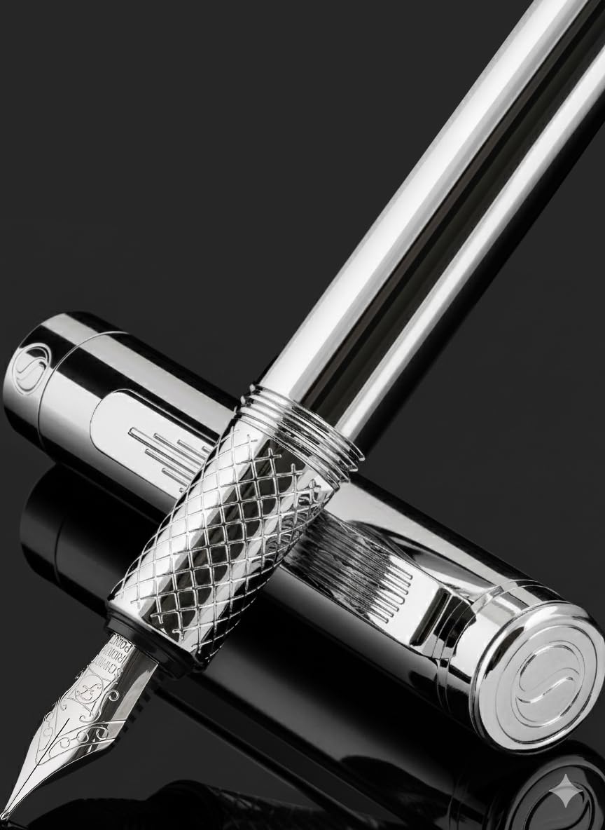 Scriveiner Silver Chrome Fountain Pen (Fine), Award Winning Luxury, Heavy Pocket, Chrome Finish, Schmidt Nib, Converter, Best EDC Writing Pen Gift Set for Men & Women, Nice Office Fancy