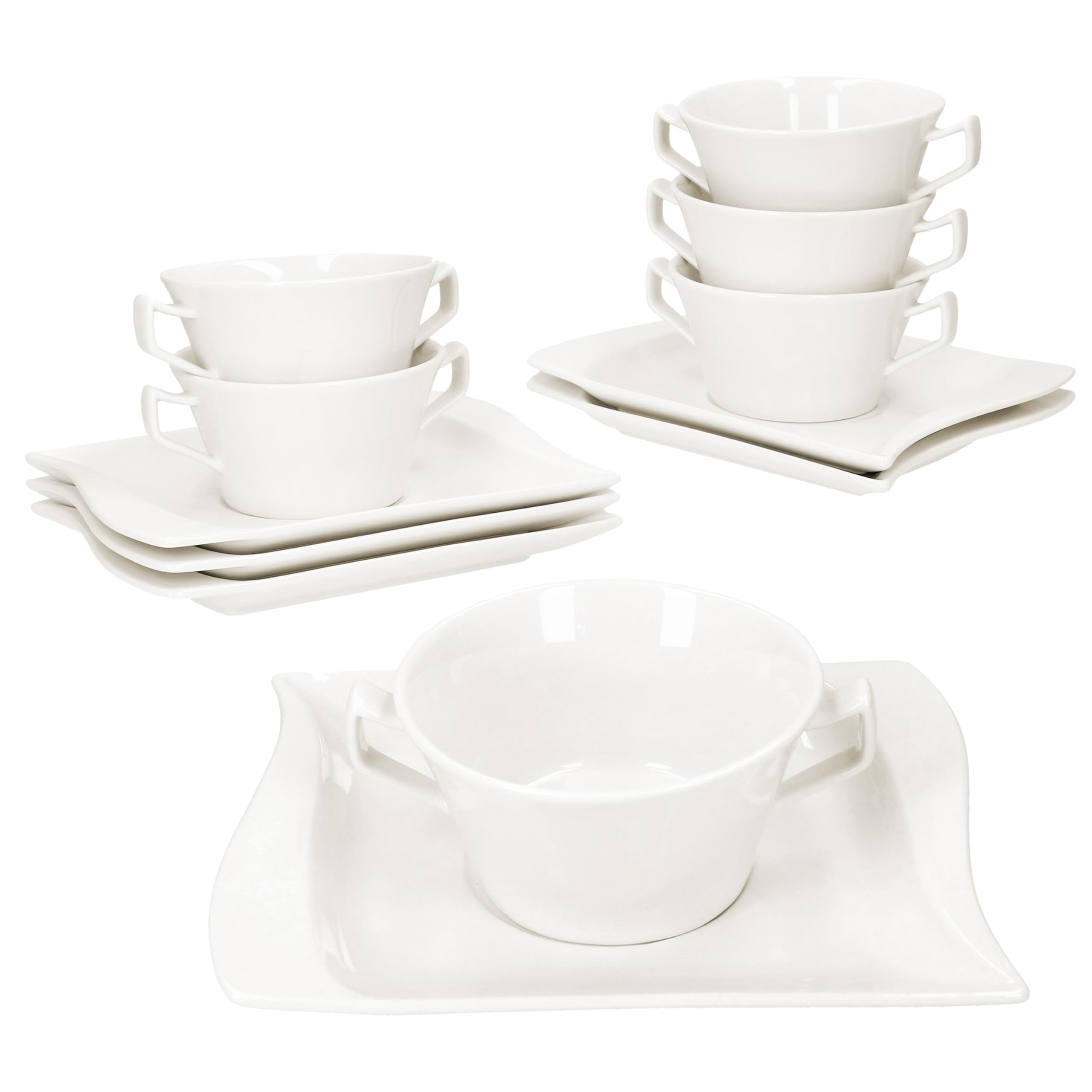 MamboCat 6er Set Ivory Suppentasse 200 ml mit Untertassen I elfenbeinweiße Porzellan-Suppenterrine mit rechteckigen Untertassen für 6 Personen