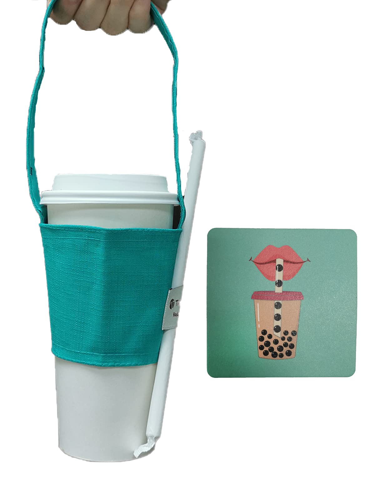 Hands-Free Coffee &amp; Boba Cup Carrier Strap &amp; Straw Loop (2 Pcs Set) (Teal)