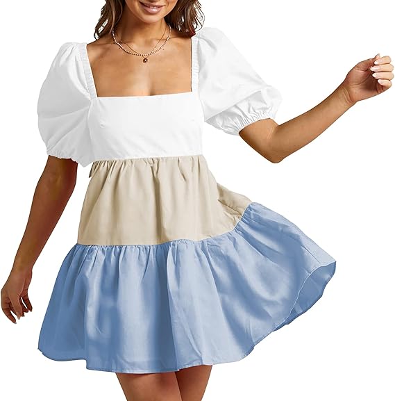 Shy Velvet Women's Casual Party Mini Dress Square Neck Color Block Summer Babydoll Dress
