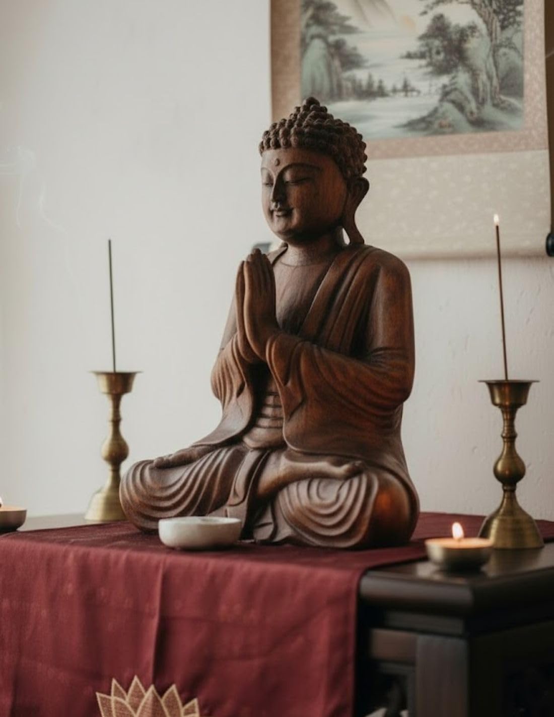Artisanal Statue de Bouddha Assis Mains jointes en Bois 30cm