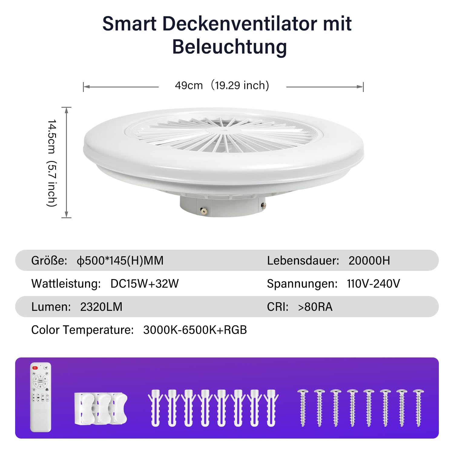 Fiqops Deckenventilator mit Beleuchtung und Fernbedienung Ø49 cm, Smart RGB LED Deckenleuchte 3 Farbtemperatur und 6 Geschwindigkeiten, Timer Sommer-Winterbetrieb Für Wohnzimmer, Weiß