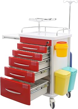 Medical Rolling Crash Cart | 5-Tier Lab Cart with 5 Drawers | Mobile Medical Utility C-Art with 2 Trash Cans | Emergency cart for Clinic, Hospital, Nursing Center | Drawers with Dividers Red