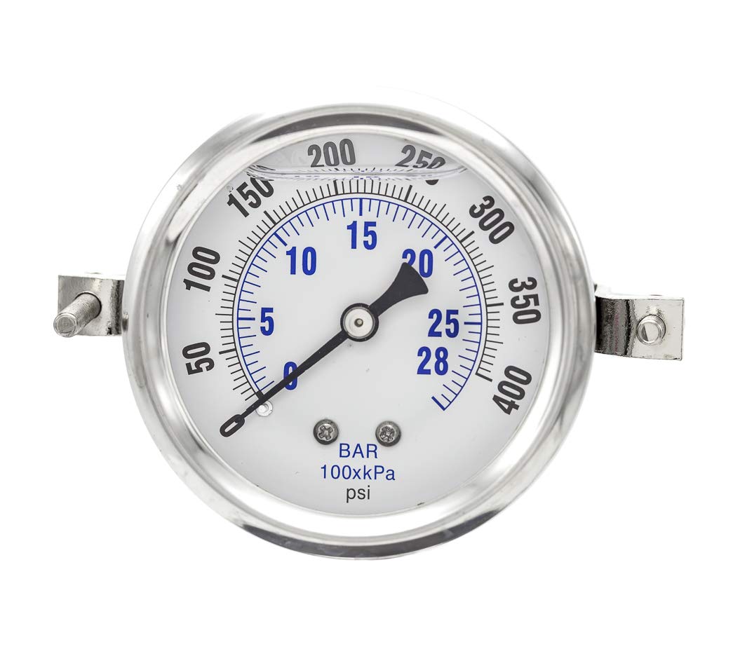 PIC Gauges PRO-203L-254I U-Clamp Panel Mount Glycerin Filled Industrial Pressure Gauge w/ SS Case, Brass Internals, Plastic Lens, 2.5" Dial, 0/400 psi Range, 1/4" Male NPT
