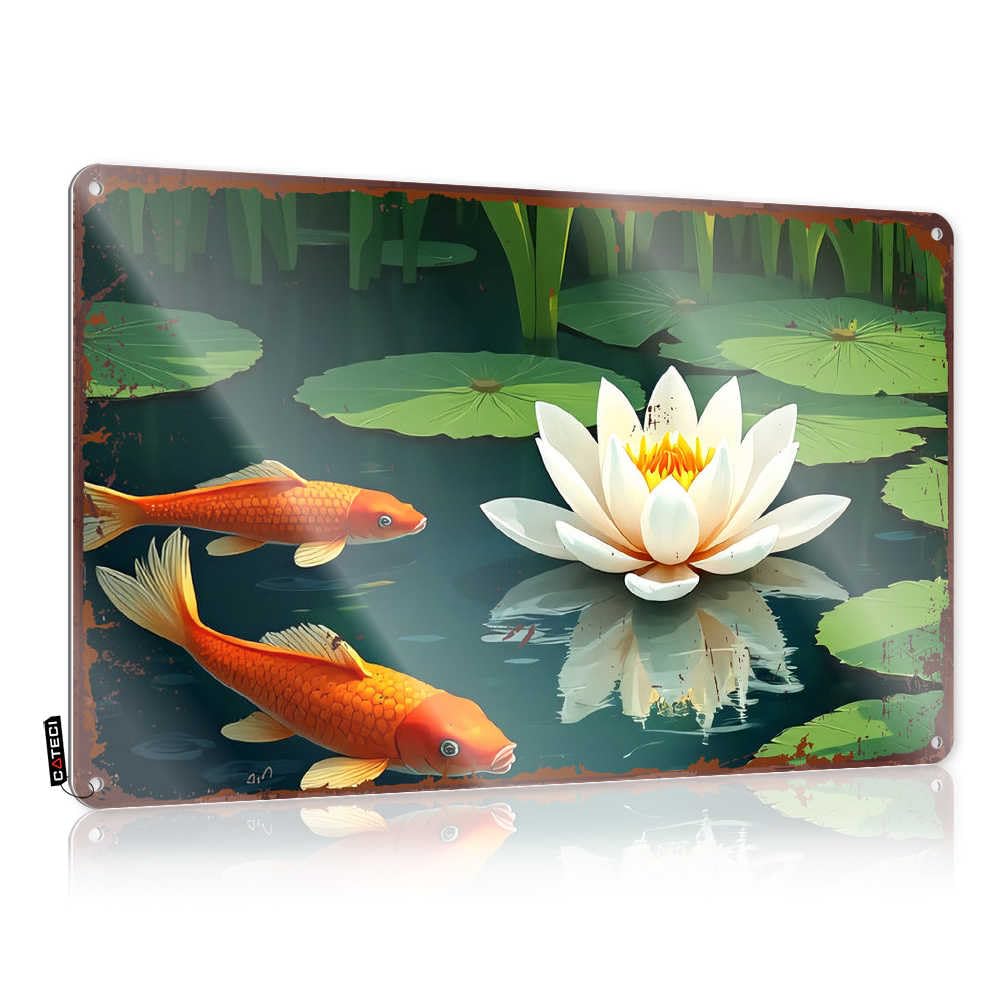 Fzfn Colour Funny Room Decor Tin Metal Decor Rustic Accessory | Koi Fish Admiring A Lotus Flower In A Serene Pond Nice Metal Wall Decor For Shop Home(20X30cm)