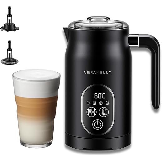 Caramelly FoamLatte Pro 4-in-1 Electric Milk Frother (Hot & Cold) with Digital Display, Touch Panel, Temperature Control & Hot Chocolate Attachment, New - 2025 Model, Black