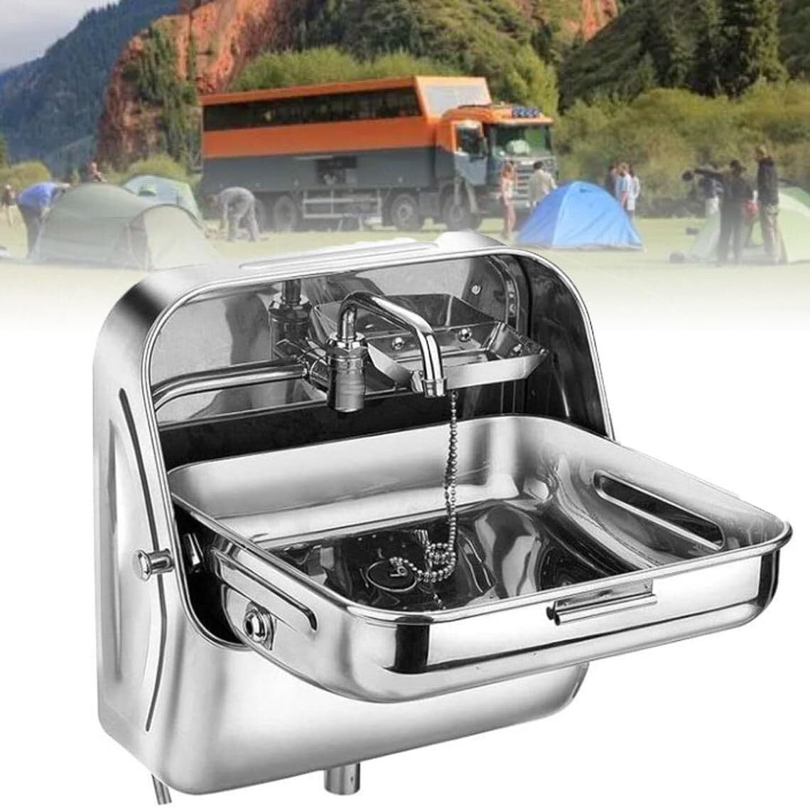 RV Wall-Mounted Stainless Steel Sink with Curved Faucet - Compact Folding Hand Wash Basin for Campers, Food Trucks, Boats, and Motorhomes(Silver-One Size)