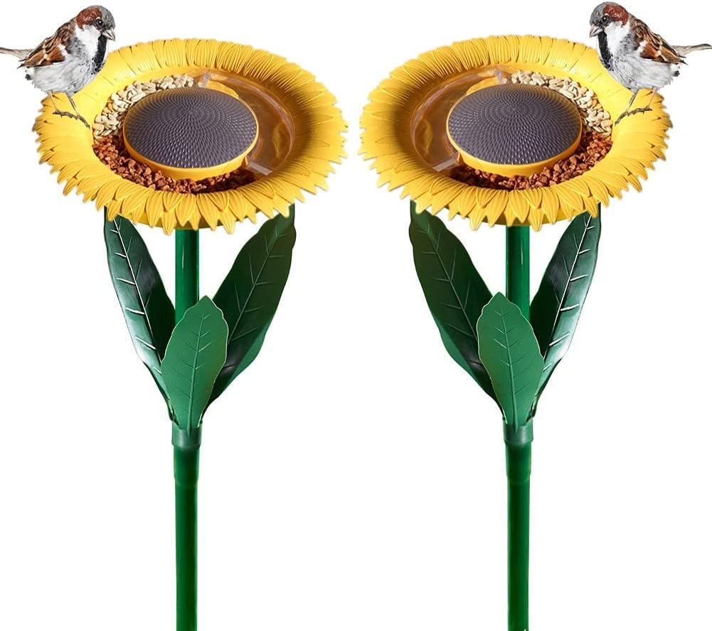 2 Pack Original Sunflower Bird Feeder Outdoor - Flower Shape Bird Feeding Tray, Tiny Bird Bath, Garden Decor Stake, Ideal Gift Surprise for Nature Lover, Wild Bird Watcher, Kids and Children