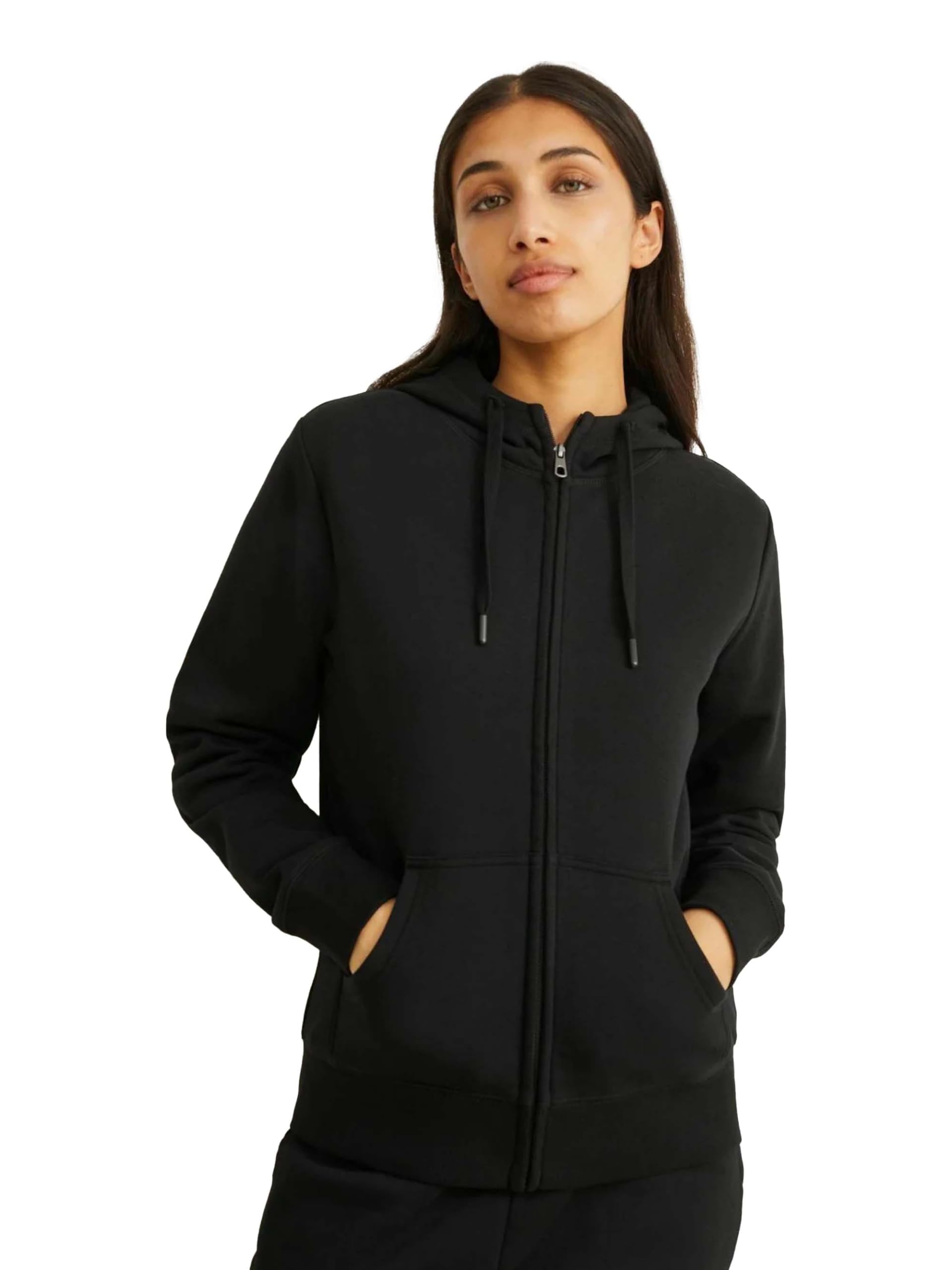 drobe Relaxed Fit Plain Cotton Blend Full Sleeves Hodded Zipper Hoodie for Women-picture-10