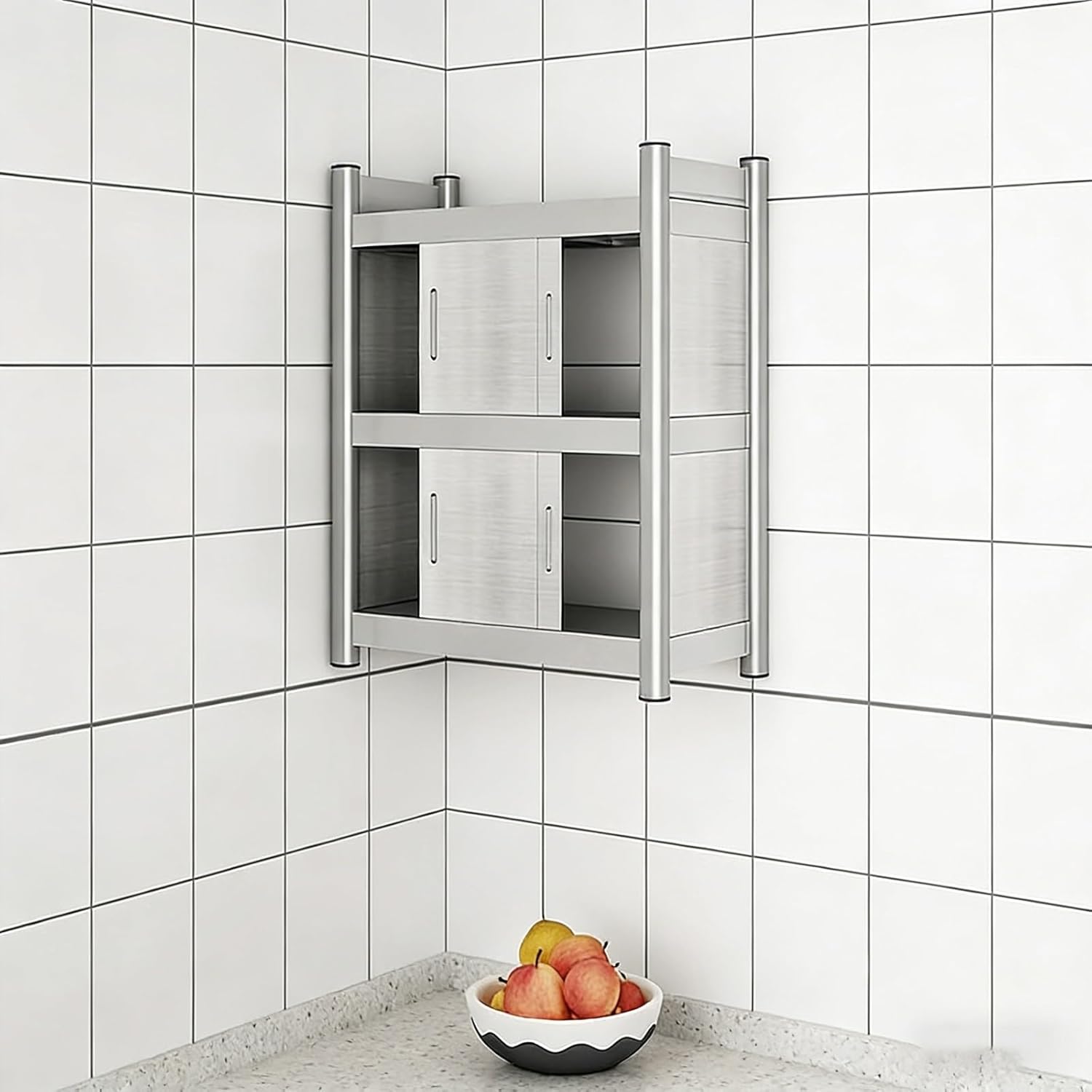 Wall Cabinet with Doors, 2-Tier Kitchen Wall Cabinets Storage, Stainless Steel Wall Mount Cabinets for Kitchen, Heavy Duty Kitchen Wall Cabinet with Sliding Doors for Coffee Bar, Bathroom,2-tier-60/2
