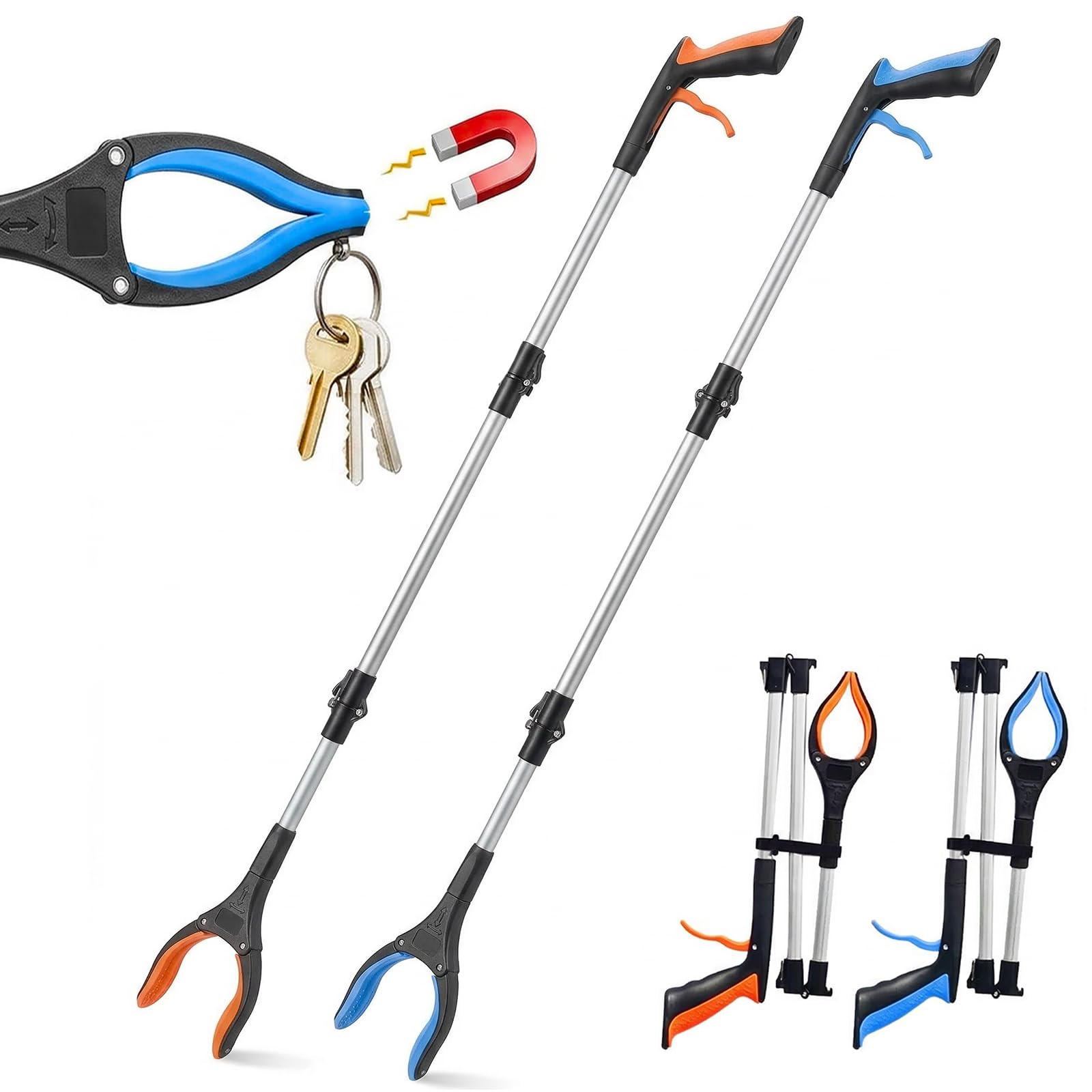 Paquete de 2 herramientas de agarre resistentes de 43 pulgadas, plegables con mandíbula giratoria de 360°, punta magnética, agarre ergonómico, garra ancha para recoger basura, jardinería y llegar a