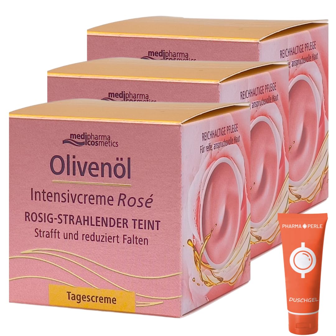 Olivenöl Intensivcreme Rosé Tagescreme 3x 50 ml I Rosig-Strahlender Teint I Verleiht spürbare Glätte I Reichhaltige Tagespflege I für reife, anspruchsvolle Haut I Spar-Set plus Pharma Perle give-away