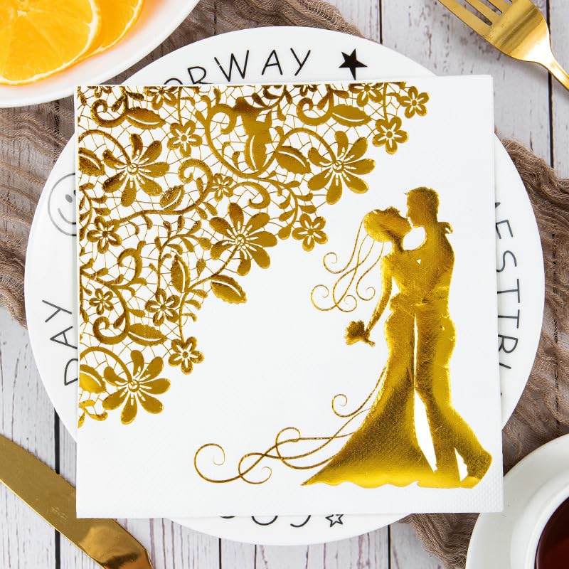 Tovaglioli di Carta Fiori Di Coppia D'Oro Tovaglioli Decorati Per Decoupage Bar Compleanno Carta Igienica Tovagliolo Decorazione Da Tavola Usa e getta Per Matrimoni Feste 30 Packs(33x33cm)