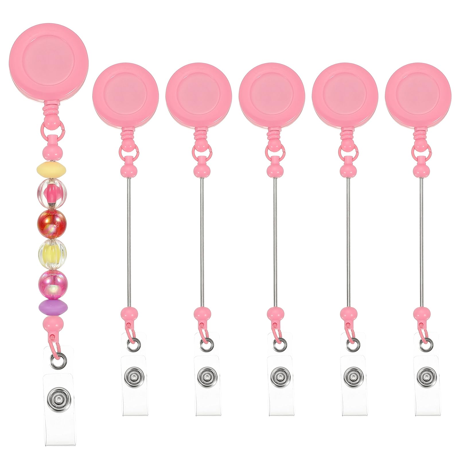 PATIKIL Beadable Badge Reels, 6 Pcs Beaded Retractable Clips Holder Badge Reel Bulk Keychain Blank Bar with Belt Clip for ID Name Badge DIY, Office Worker, Candy Pink