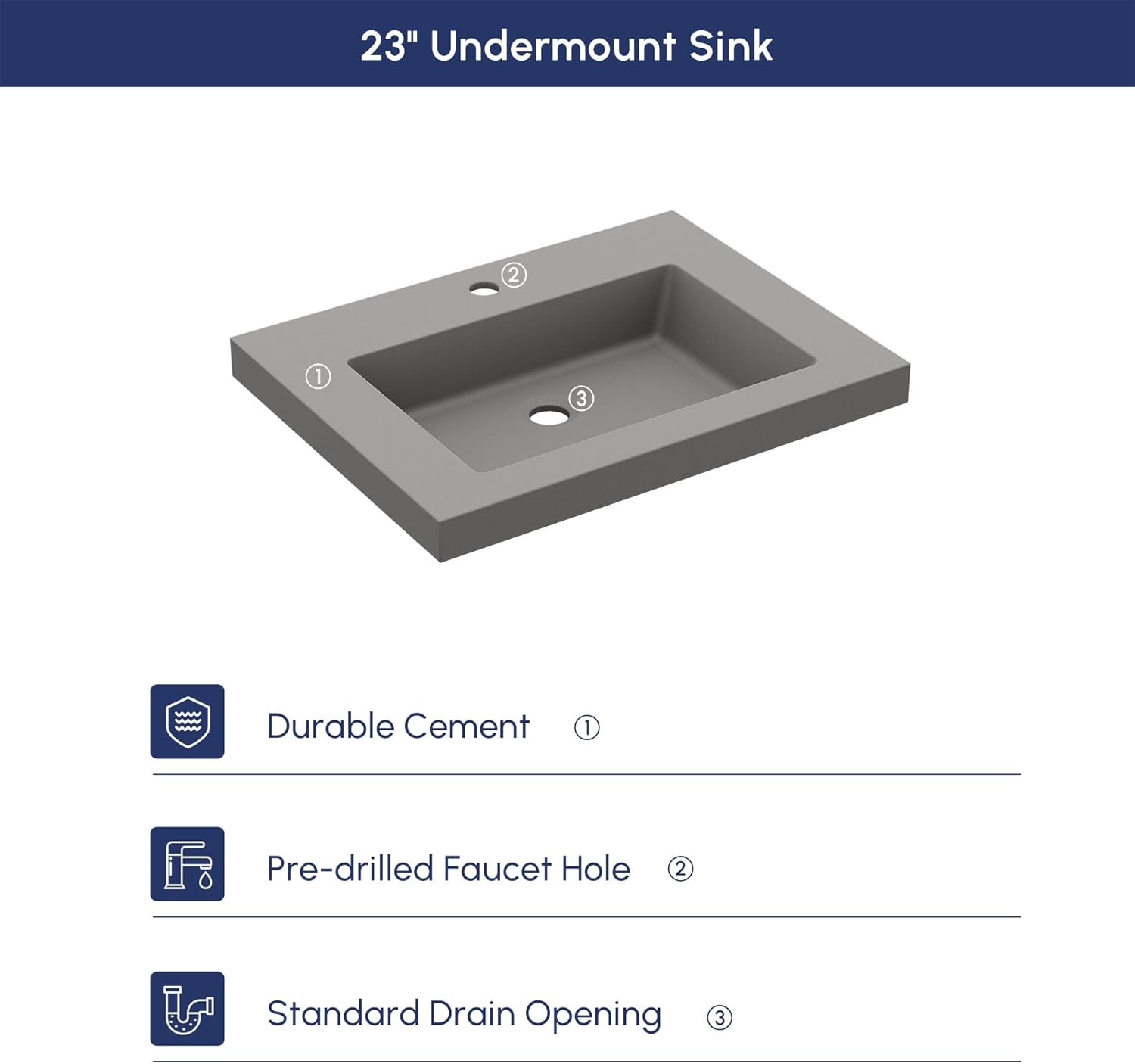 Bathroom Sink Rectangular Concrete Drop-in Sink Gray 23" – Durable Countertop Basin for Modern Bathrooms, Gray