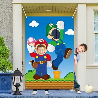 Mario Photo Door Banner Backdrop Props Mario Brother Theme Party Decorations Large Fabric Super Mario Photo Door Banner Door Hanging Banner for Carnival Game Birthday Party Decorations