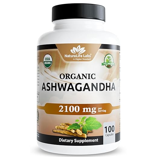 NaturaLife Labs Organic Ashwagandha 2100 mg per Serving – Root Powder & Extract – 100 Capsules – Vegan, Non-GMO, Gluten-Free
