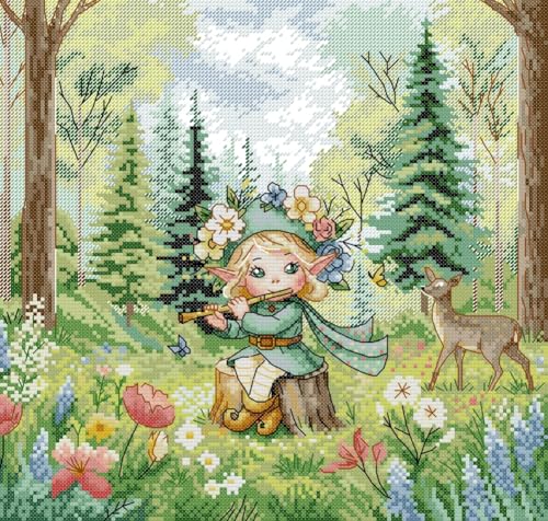 Awesocrafts Kit de punto de cruz con estampado de fantasía, bosque, elfo, hadas, ciervos, patrones fáciles, punto de cruz, bordado, costura, suministros de 14 quilates, 2 hebras