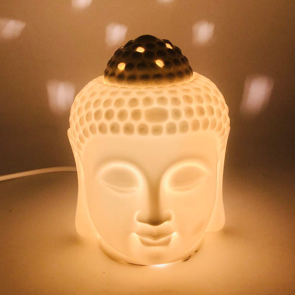 EYUVAA LABEL Electric Portable Ceramic Buddha Head Shape Diffuser for Essential Oil Aromatherapy Burner with Light Dimmer Switch to Control Fragrance and Light Intensity (White, 10ml Aroma Oil)