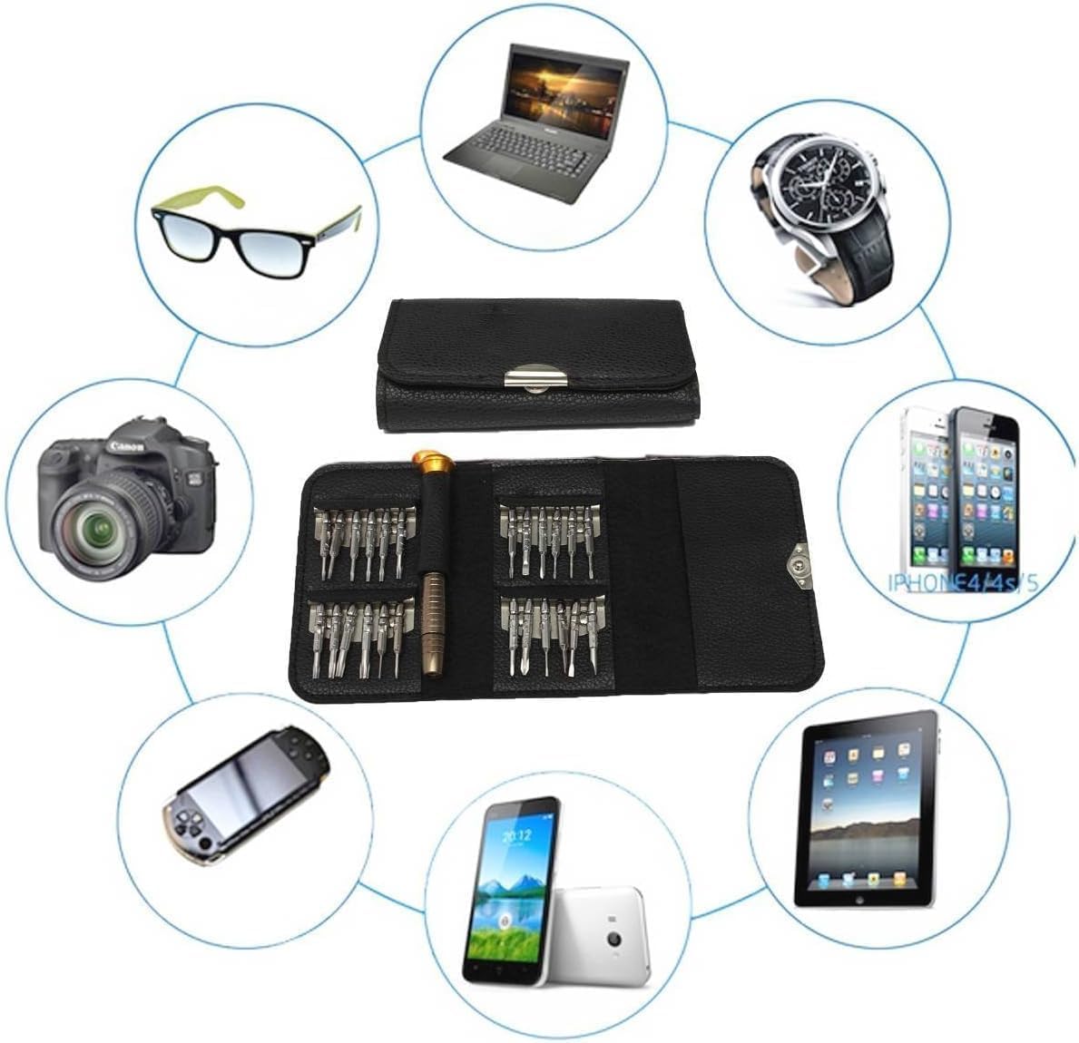 25 in 1 Precision Repair Tool Kit Screwdriver Set with Leather Case - Metal and Plastic Security Torx Heads for Electronics, Mobile Laptop Eyeglasses