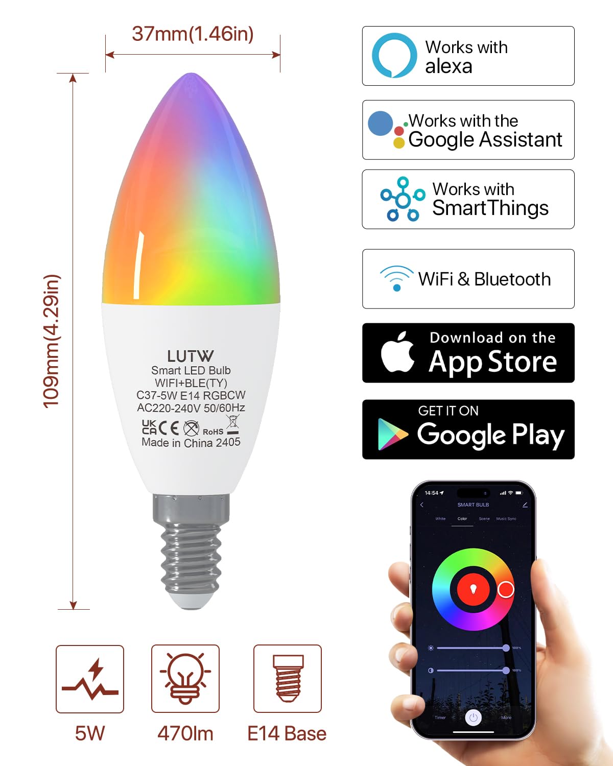 LUTW Smart Light Bulb E14, 5W 470LM C37 Alexa Light Bulbs E14, Color Changing Light Bulb - Image 2