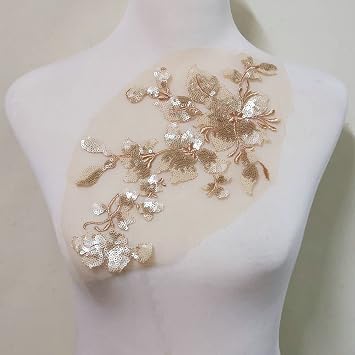 1Pcs Sequins Embroidery Lace Patch Flowers Applique Wedding Dresses DIY Clothing Catwalk, Stage Performance Clothing Decoration Decal. Light Luxury Gold