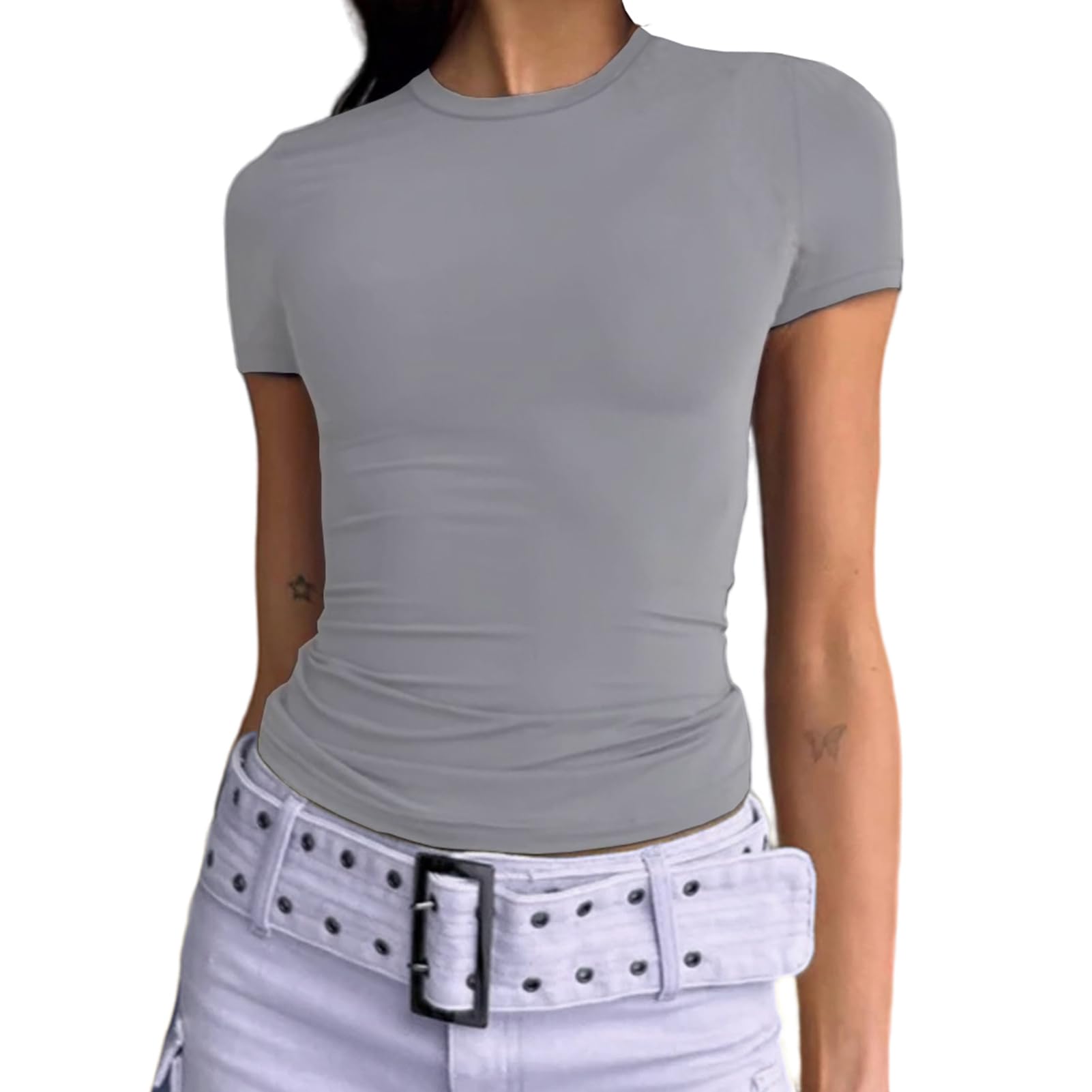 Dwnval Womens Basic Summer Short Sleeve Tight Fitted Workout Crop Tops