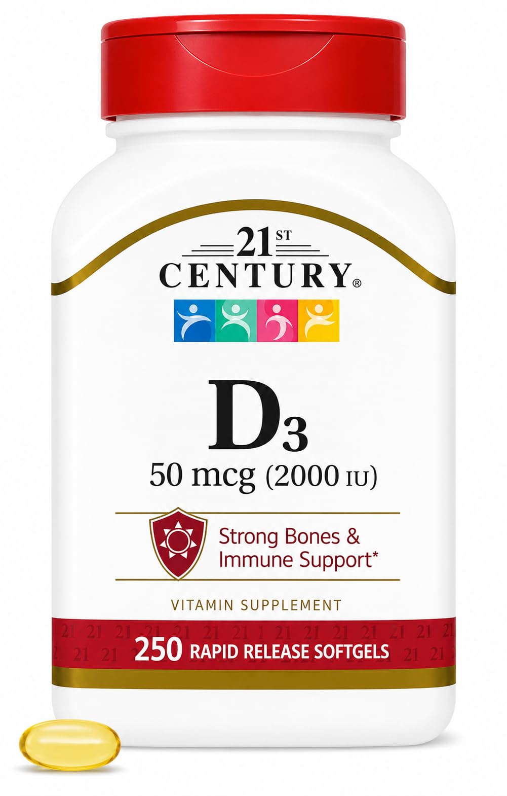 21st Century Vitamin D3 2000 IU Softgels, Bone & Immune, 250 Count Unflavored 250 Count (Pack of 1)