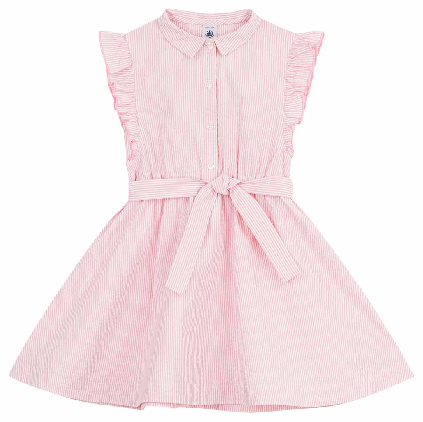 Petit Bateau Abito per Bambini in Popeline a Manica Corta a Righe, 12A, Rosa/Bianco