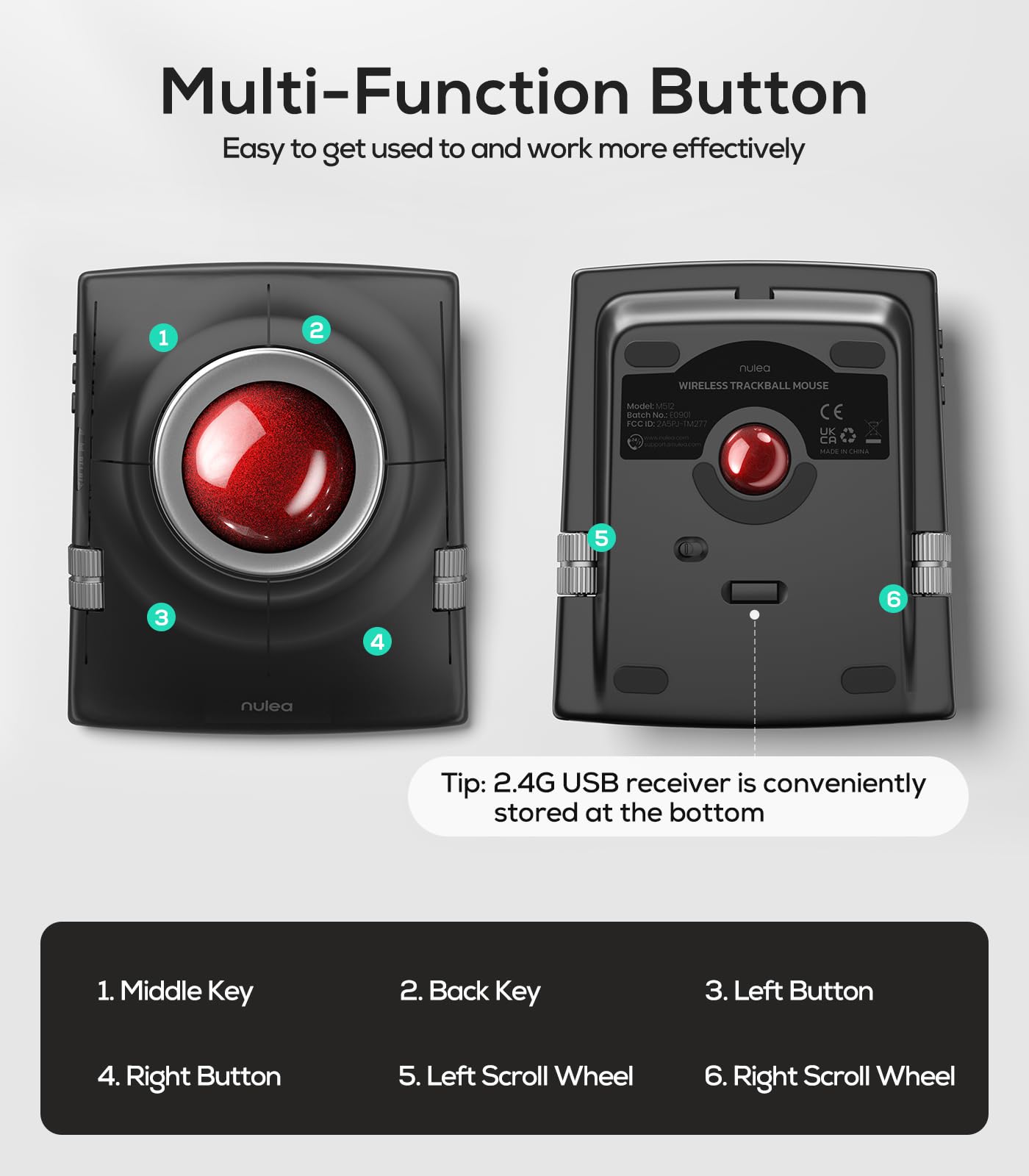 Nulea Wireless Trackball Maus, ergonomischer 55mm Trackball, einstellbarer DPI für präzise Steuerung, Links- oder Rechtshänder kompatibel, wiederaufladbar, Multi-Device Bluetooth 2.4GHz für PC, Laptop