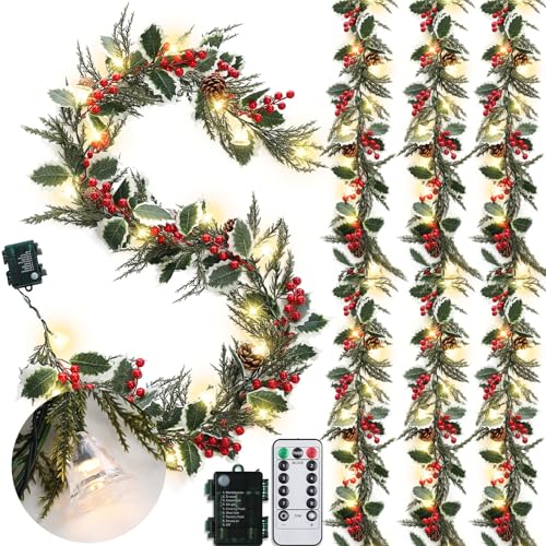 Ceenna 4 Pack 6 Ft Prelit Christmas Garland with Bell Lights Battery Operated with Timer Remote Artificial Lighted Holly Leaves Garland with Pine Cones Berries for Mantle Indoor Outdoor