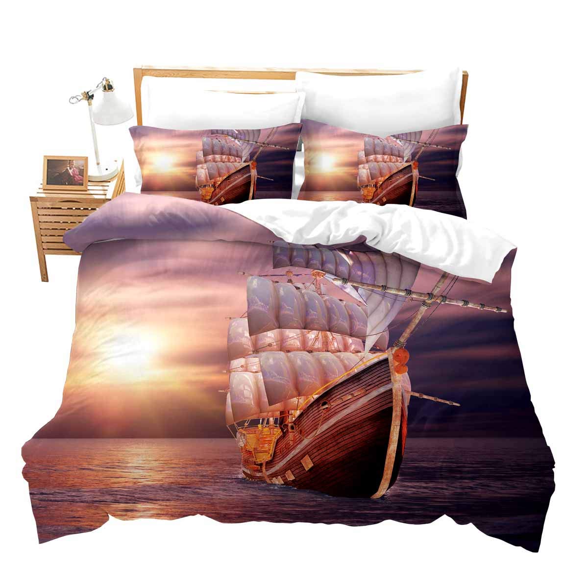 Loussiesd Boys Pattern 1 Pirate Comforter Set Super King Sailboat Duvet Cover Nautical Ocean Theme Teen Bedding Comforter Cover Sunset Adult Bedding Set Wave Pattern Decor Bedspread For Men Women