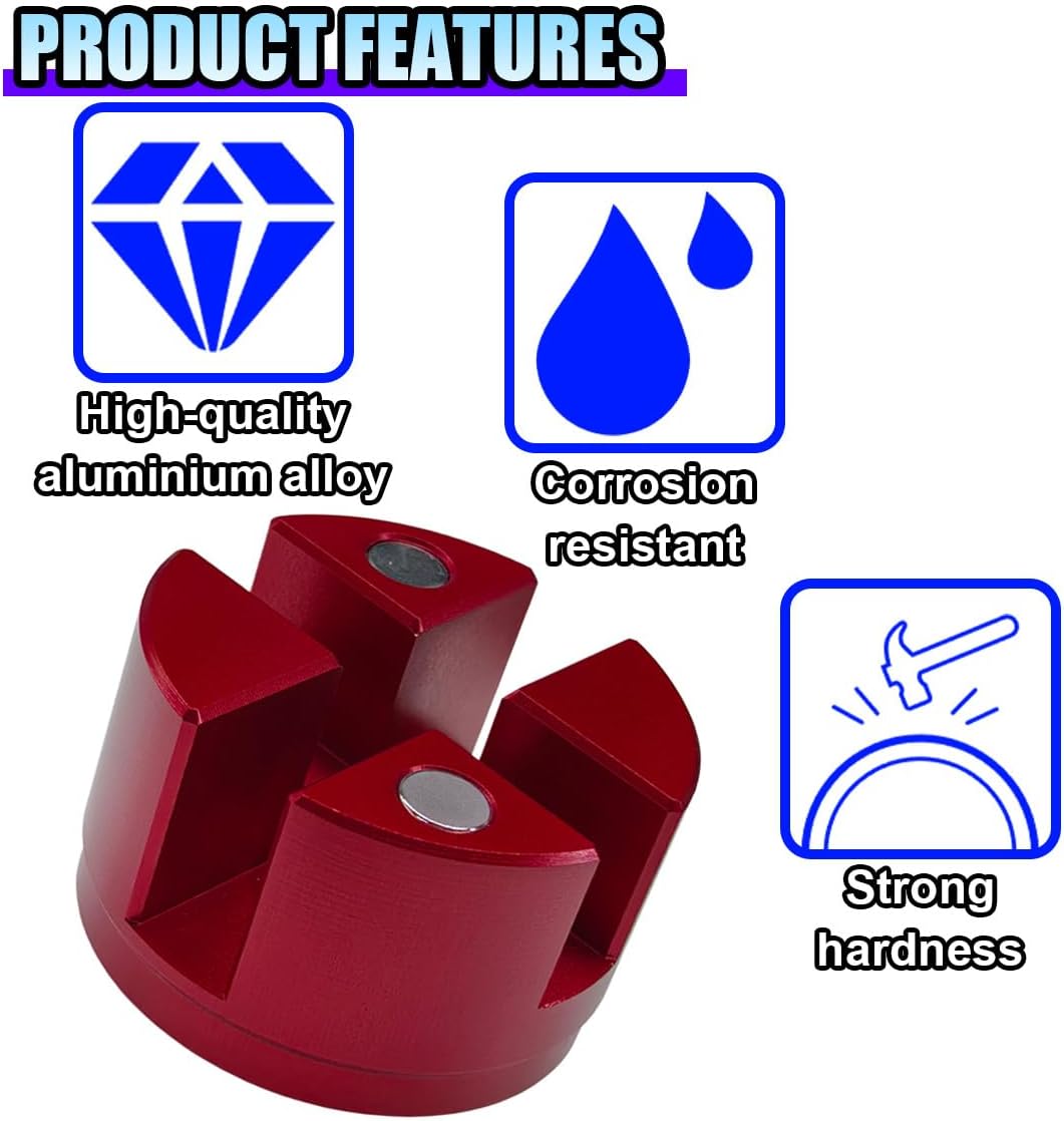 Universal Magnetic Jack Pad, Jack Pad Slotted Bracket Frame Rail Protector Aluminum Grooved Jack Puck Adapter - 50 mm in Diameter, Cross Beam Weld Side Support Block for Most Vehicles (Red)