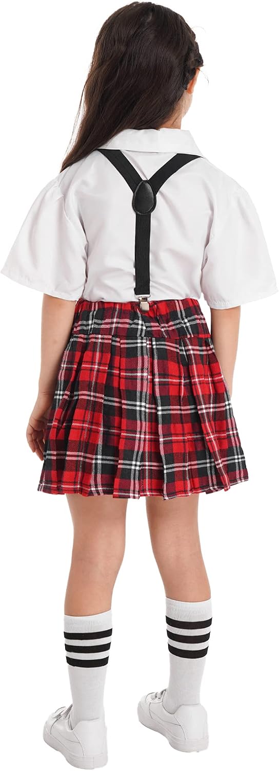 FEESHOW Kids Girls Bowknot Button Down Blouse Shirt Top + Suspender Overall Tartan Plaid Skirt School Uniform Set