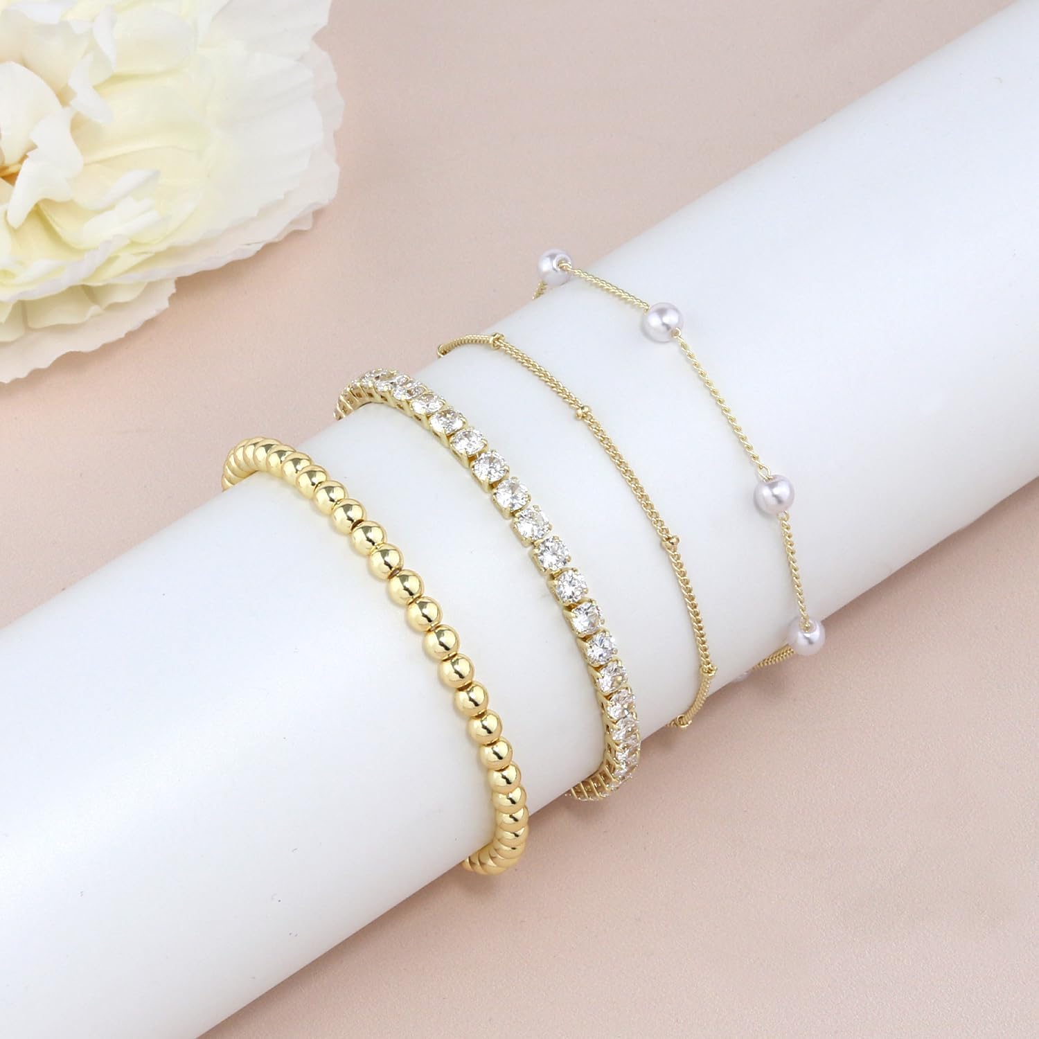 Pearl Bracelets for Women Tennis Bracelet Dainty 14K Gold/Silver Plated Beaded Bracelets for Women Cubic Zirconia Bracelet Stack Pearl Jewelry Set - Image 5