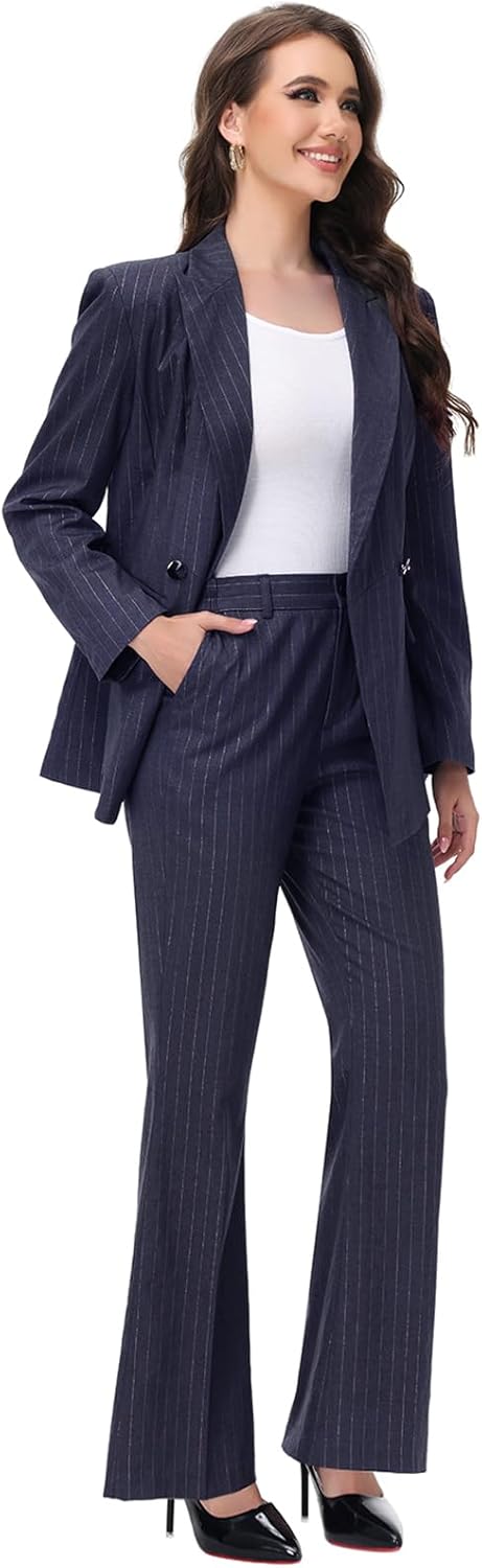 Lamgool Women's Pinstrip Suit Gold Lines 2 Pieces Slim Fit Business Blazer Flared Pants Set for Work - Image 4