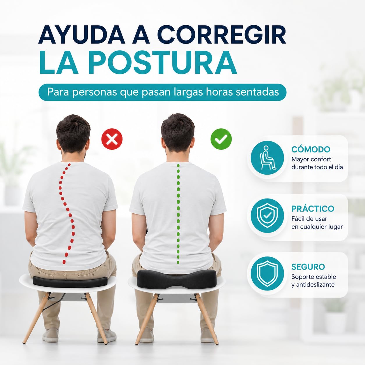 Cojín Antiescaras Espuma Viscoelástica para Silla de Ruedas y Oficina Funda Lavable Transpirable Base Antideslizante Alivio Presión Coxis y Mejora Postura