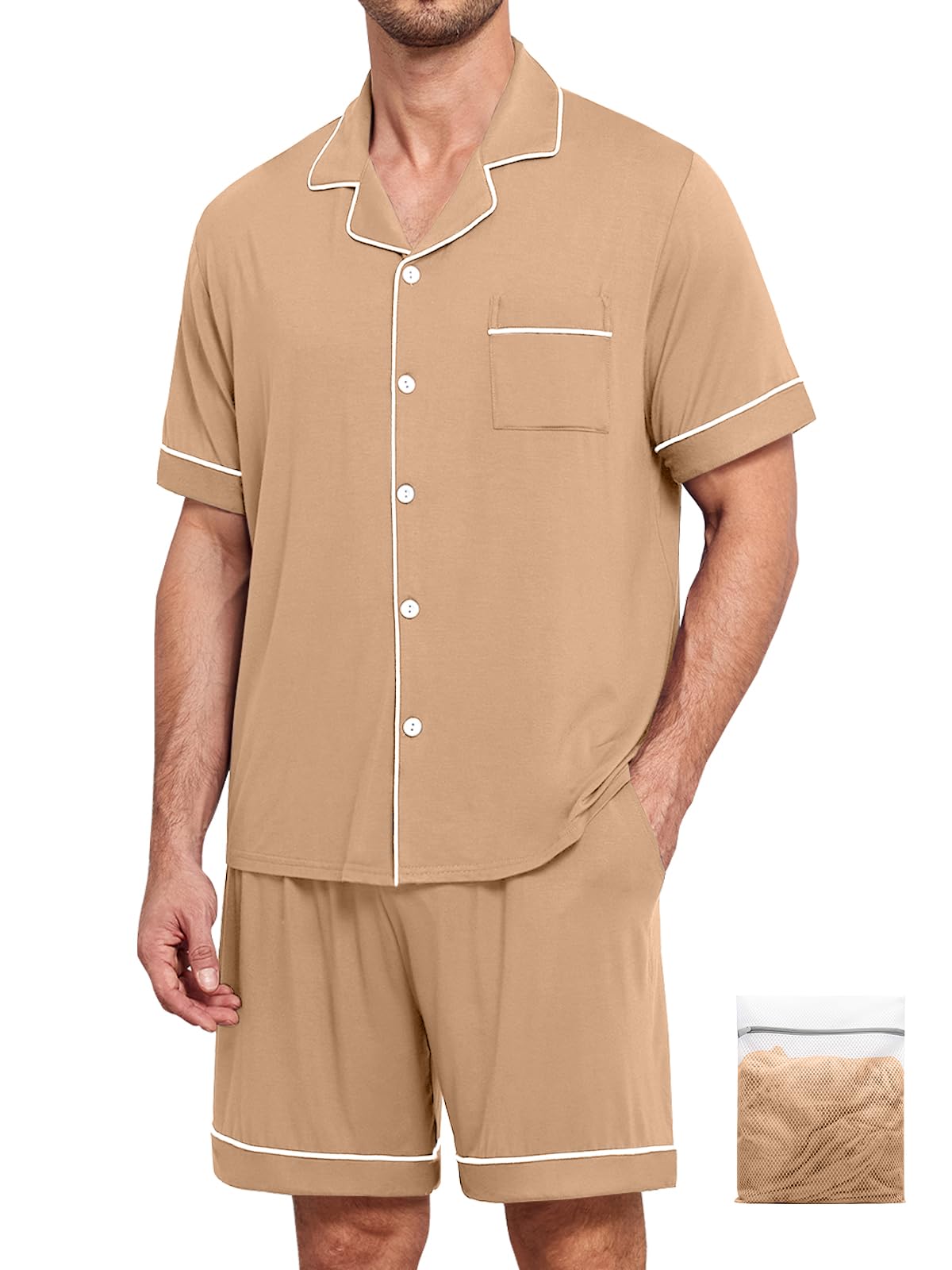 YOPUGEE Mens Pajamas Set Short Sleeve Sleepwear Button Down Loungewear Set Soft Modal 2Pcs Pj Set with Pockets S-3XL