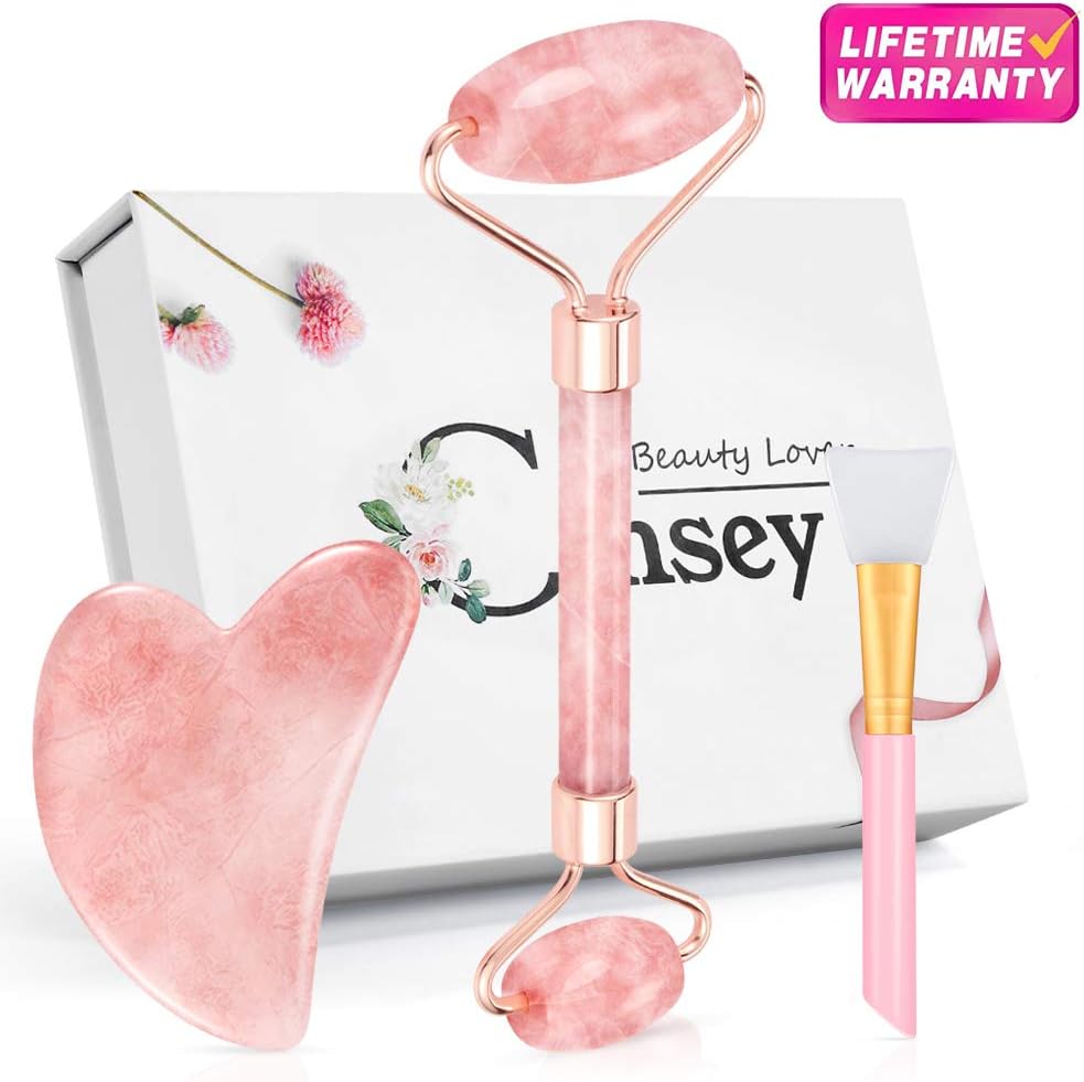 Rose Quartz Jade Roller for Face Gua Sha Set Facial Natural Stone Massager Anti-Aging Skin Gym Roller Body Eyes Neck Lymphatic Drainage Tool Reduce Wrinkles Womens Gifts