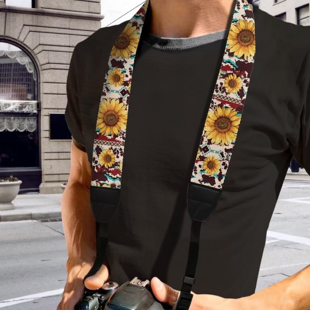 Coldinair Tribal Strips Adjustable Camera Strap,Sunflower Soft Wide Camera Neck/Shoulder Strap with Genuine Leather Head for All Cameras,Universal Fit