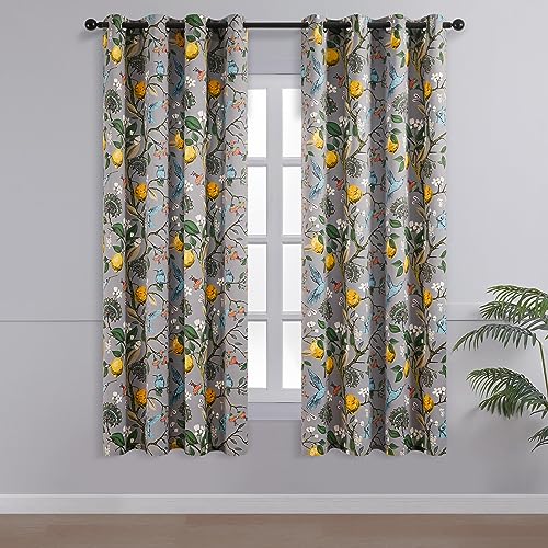 Image of Topfinel Grey Curtains, Aesthetic Unique Rustic Thermal Insulated Noise Reducing Cottagecore Floral Flower Printed Modern Farmhouse Window Treatment 63 Inch Length 2 Panels Bedroom 52x63