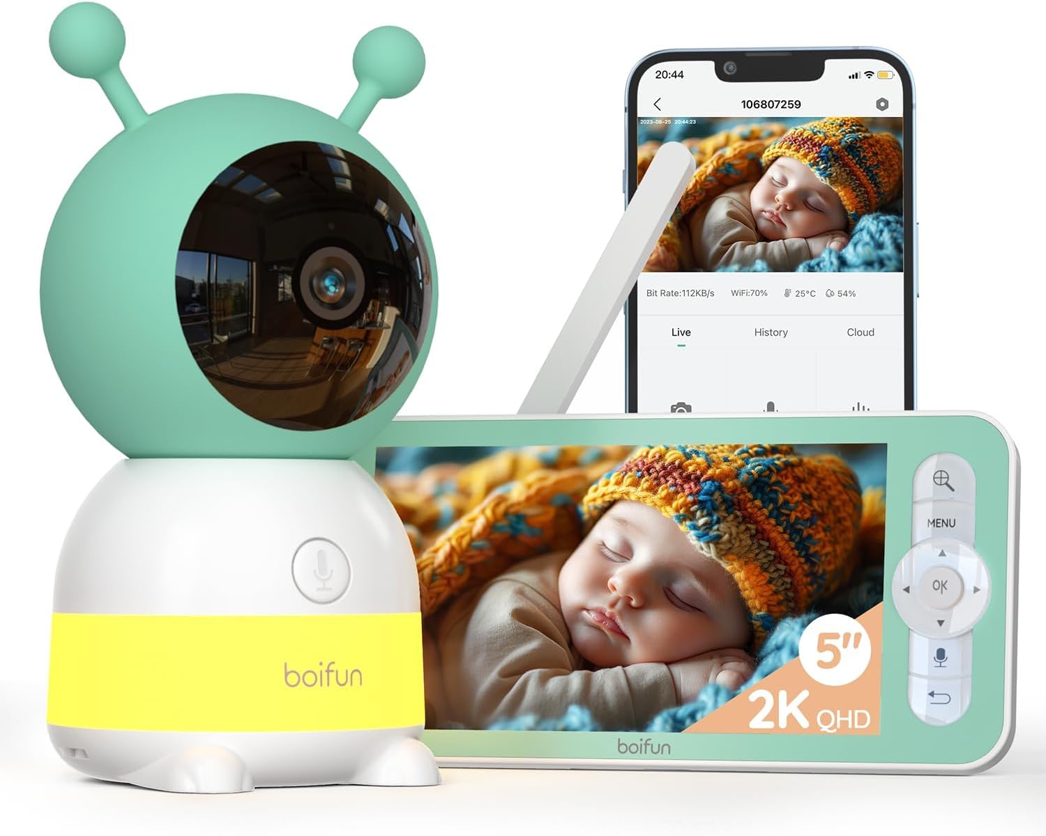 BOIFUN 2026 Upgraded 2K WiFi Baby Monitor with Camera and Audio, Smart Night Light, APP & 5" Split-Screen Control, Motion/Cries/Sound/Custom Alarm Zone Detect, Auto Tracking, Humidity Temp Detect