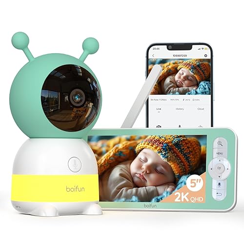 BOIFUN 2K WiFi Baby Monitor with Camera and Audio, Soothing Night Light, APP & 5" Split-Screen Control, Motion/Cries/Noise/Customizable Alarm Zones Detect, Auto Tracking, Humidity&Temperature Detect