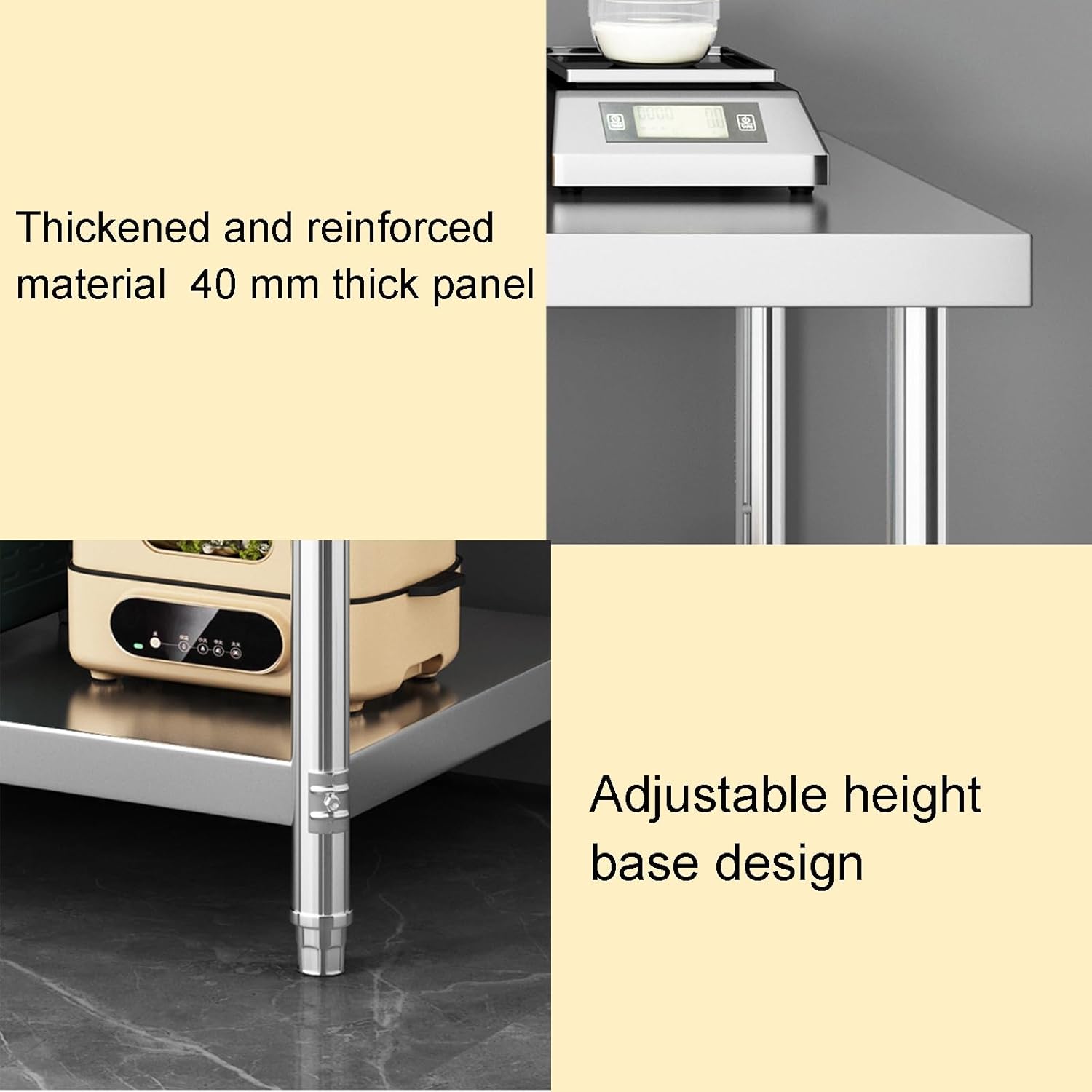 3-Layer Thickened Stainless Steel Workbench Kitchen Countertop with Brushed Stainless Steel Superficial Adjustable Leg Height Multiple