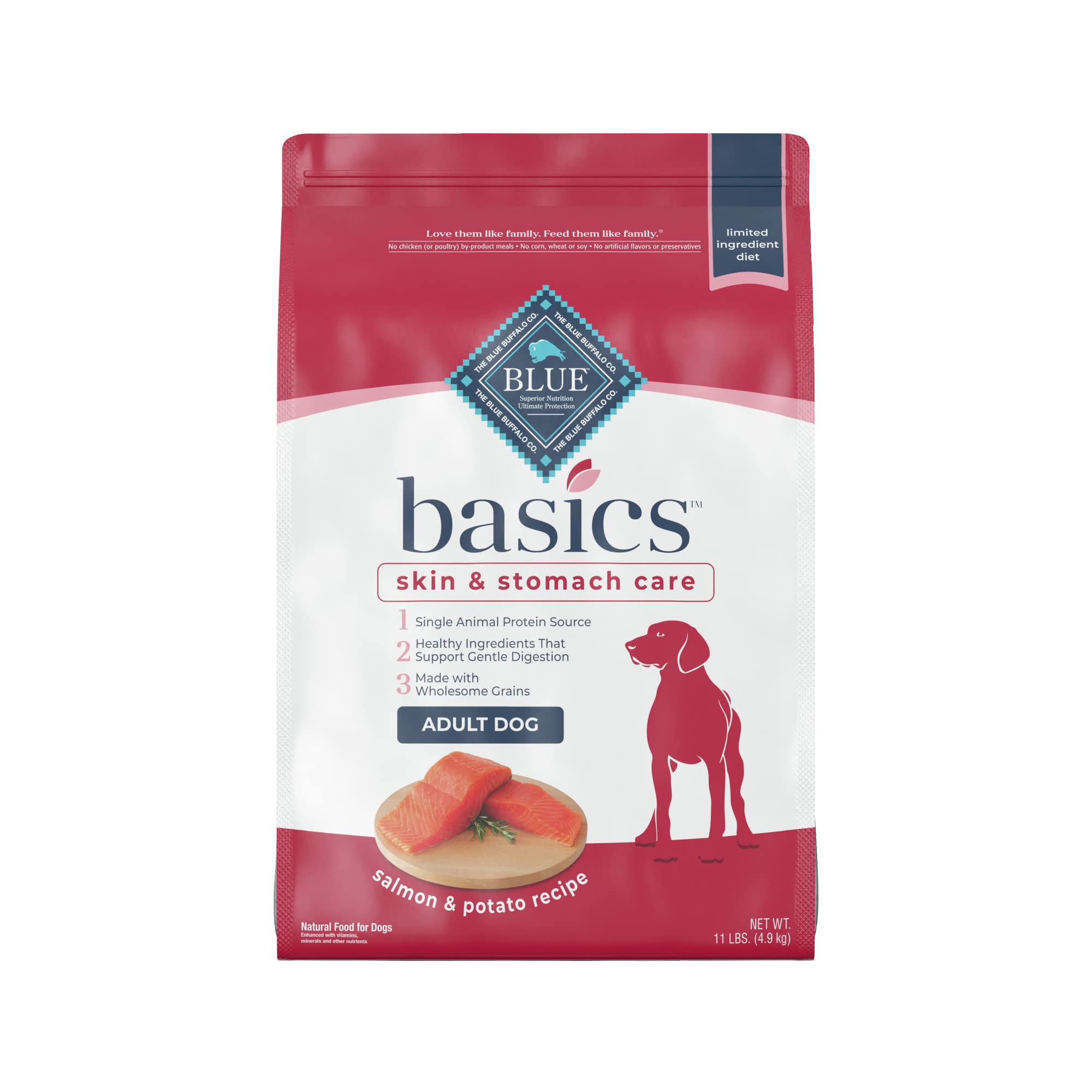 Best  by 2025 sep 04))Blue Buffalo Basics Skin & Stomach Care, Natural Adult Dry Dog Food, Salmon & Potato 11-lb