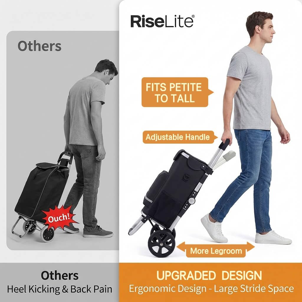 Lightweight Shopping Cart with Wheels, Foldable Grocery Trolley for Supermarket & Teachers, Rolling Utility Crate with Insulated Cooler, Adjustable Handle, 110 lbs